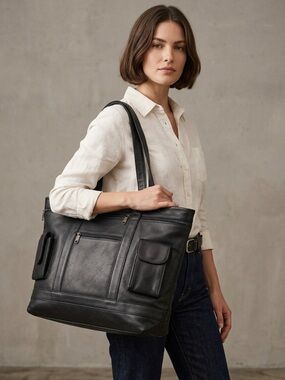 Larger Career Wear Black Leather Tote with Front Pockets Weekend Bag